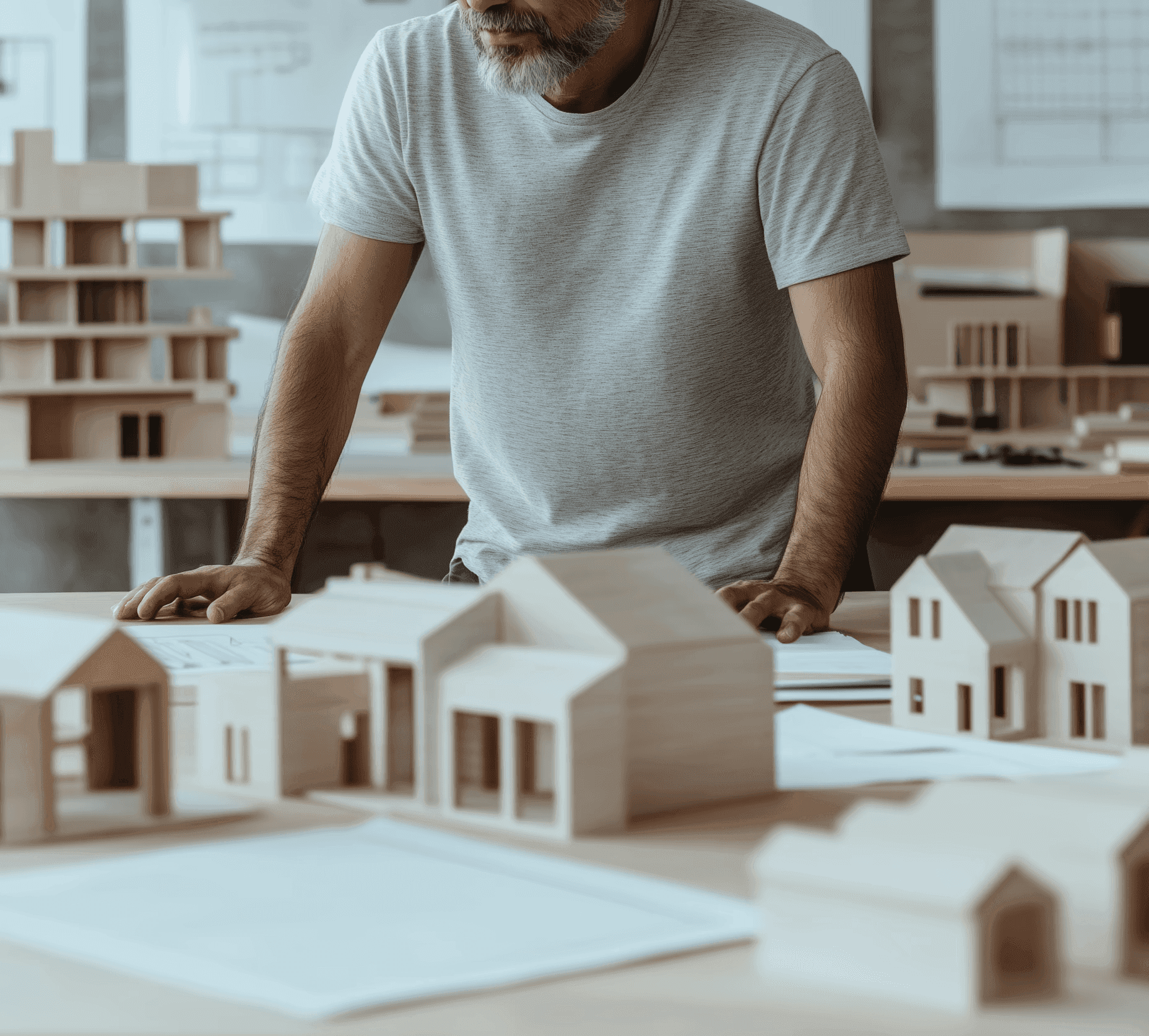 A man with architectural model buildings